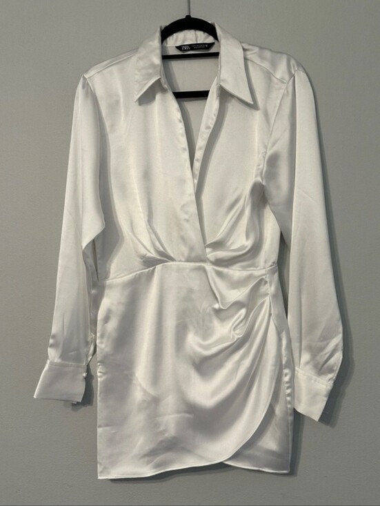 Zara Dresses & Skirts - Zara Women's L White Silk Effect Draped Long Sleeve Shirt Dress 4437/098 NWT
